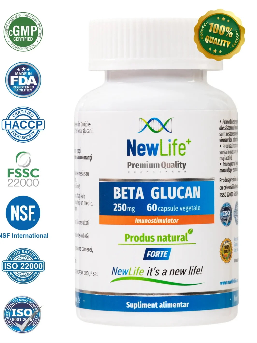 beta glucan newlife+ 250mg – supliment natural cu actiune imunitara si certificari fda, gmp, iso