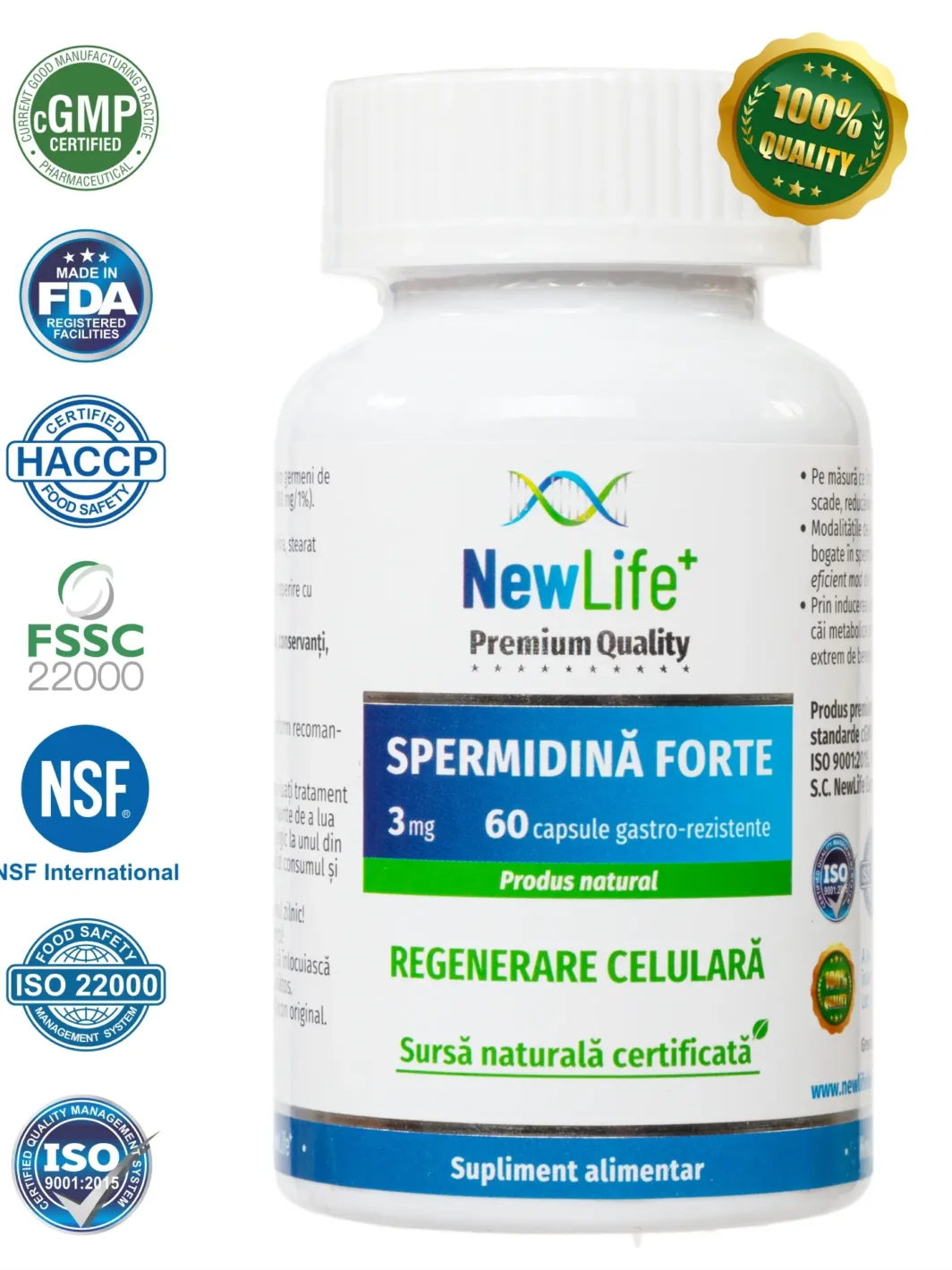 Spermidina FORTE 3mg de la NewLife+– 60 capsule gastro-rezistente cu sursa naturala certificata