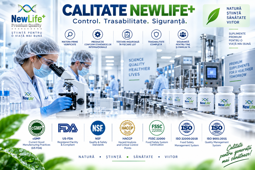 L-Ergothioneina NewLife, „Control. Trasabilitate. Siguranță.” cGMP, US – FDA, NSF, HACCP, FSSC, ISO 22000